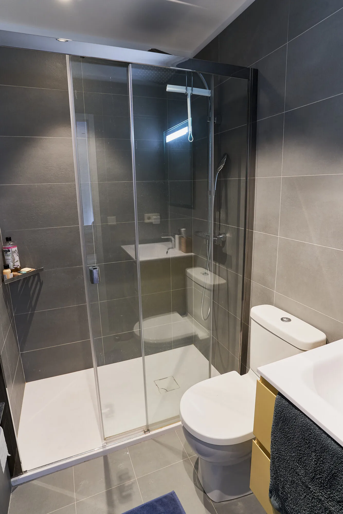 Salle de bains avec douche vitrée et carrelage grand format